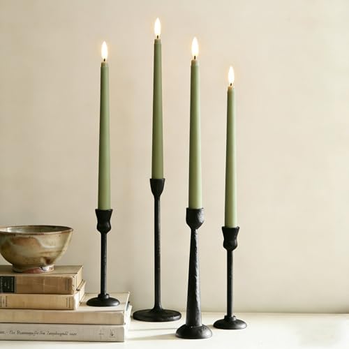 Image of Olive Green Flameless Taper Candles with Remote, Flickering Battery LED Candlesticks Home Decor Set of 4