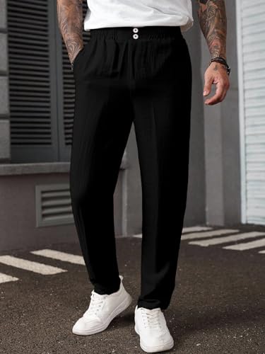 Image of TAGDO Men's Cotton Casual Premium Linen Blend Pants | Lightweight & Breathable Fabric | Elastic Waist with Button | Loose Fit | Perfect for Holidays & Travel (2055)