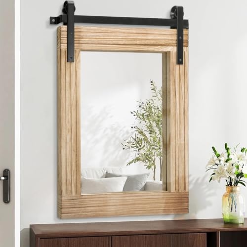 AAZZKANG Espejo de pared rústico, grande, 65 x 45 cm, marco rectangular de madera, espejo con soporte de metal, decorativo para granja, dormitorio, cuarto de baño