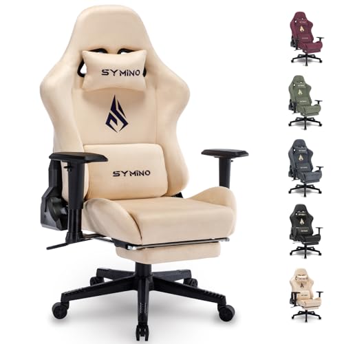 symino Silla para Videojuegos, Silla de Oficina Transpirable, Tela Alcantara de Tan Suave como una Piel, Silla ergonómica de PC, sillas giratorias Ajustables con reposapiés (Color Crema)
