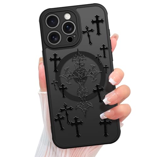 KANGHAR Magnetic Case for iPhone 15 Pro Max [Compatible with MagSafe] Aesthetic Cross Jesus Christian Design for Women Girls Men, Soft TPU Bumper Hard Back Translucent Matte Shockproof Cover - Black