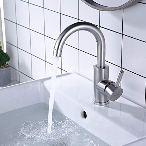 WELQUIC Grifo de baño, caño de acero inoxidable, mezclador de fregadero giratorio de 360 ° con válvula de cerámica para baño y cocina-SYD2001