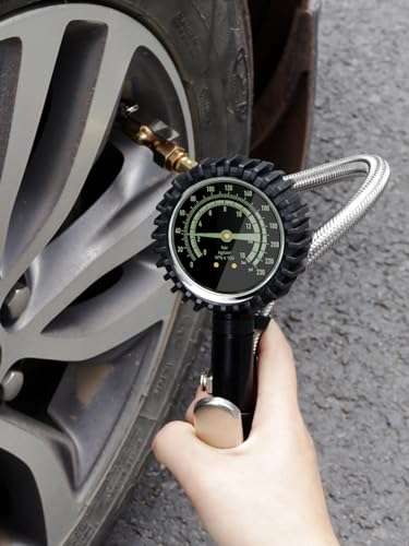 AZUNO Heavy Duty Tire Pressure Gauge, Tire Inflator Gauge 230PSI Air Chuck Air Compressor Attachments, with Steel Braided Hose, Large 2.6" Glow Dial & Quick Connect Coupler, for Truck/Car/SUV/RV/Bike