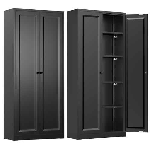 Image of INTERGREAT Metal Storage Cabinet with Magnetic Doors, 63 inch H Traditional European Style Metal Cabinets with 2 Doors and 4 Adjustable Shelves for Home Office, Kitchen, Bathroom (Black)