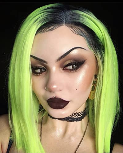 Green Lace Front Bob Wig with Dark Root for Women, Shoulder Length Blunt Cut Short Lime Green Wigs with Lace, Straight Synthetic Hair for Halloween Cosplay Party Daily 14 Inch