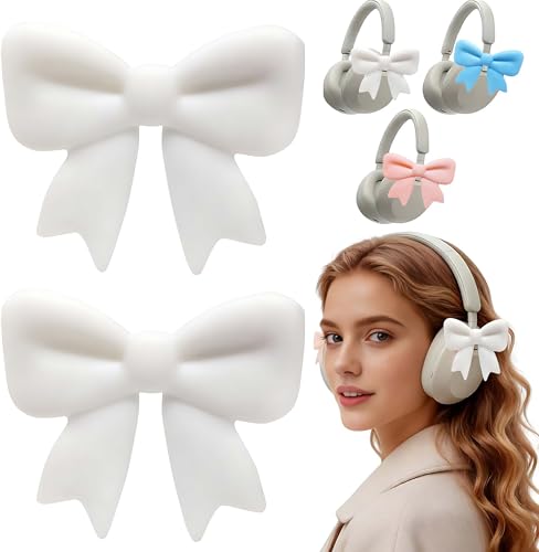 NEWFLAG 2 Pack Silicone Bow Headphone Accessory,3D Cute Clip-on Bows for Headphones,Detachable Decoration for Women,Girls and Gamers,Universal Fit for Most Headphones(White)