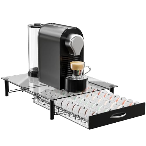 Homiu for Nespresso Vertuo Pod Holder | 40 Capsule Coffee Pod Holder Organiser for Nespresso Pod Storage with Tempered Glass Top | Nespresso Vertuoline Capsule Drawer Organiser Coffee Machine Stand