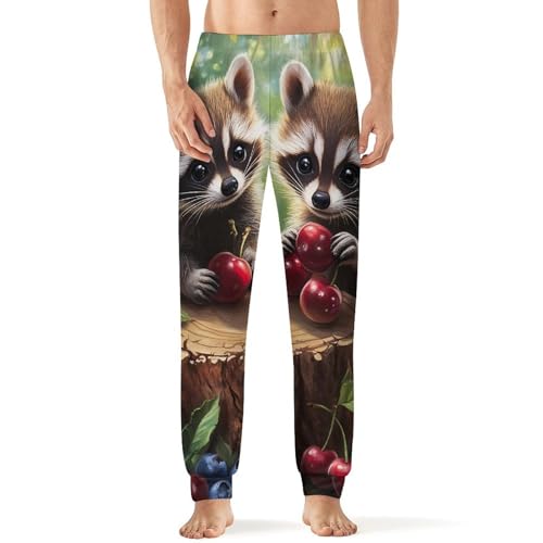 Cute Raccoon Cherry1 Blueberry Men's Pajama Pants Soft Lounge Bottoms Lightweight Jogger for Sleeping