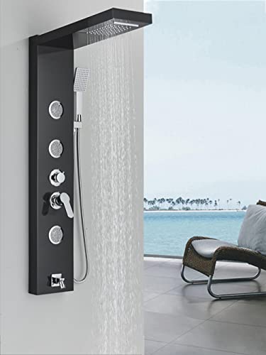 Rainfall Waterfall Shower Panel Massage Jets Shower Column Mixer Shower Faucet Tower Shower Tub Spout-Black miniatura 6