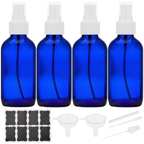 Bastelica Cobalt Blue Glass Spray Bottles 4 oz Small Empty Spray Bottles for Essential Oils Fine Mist for Face Hair Plants Travel Perfumes Cleaning Solutions - 4 Pack