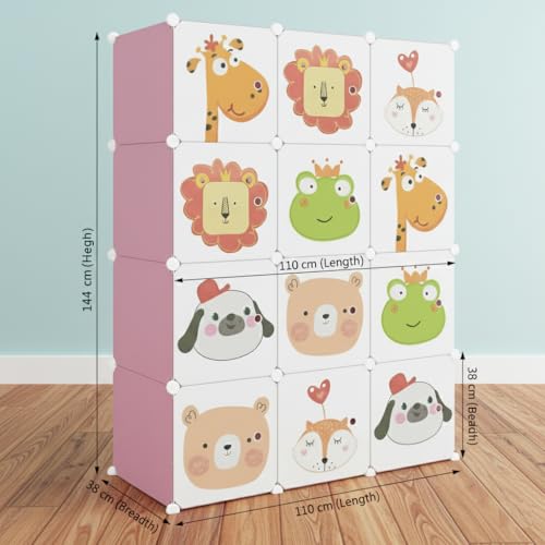Image of KRISHYAM Kids Modular Storage Cabinet with Cartoon Animal Doors, 12 Cube Plastic Wardrobe Organizer, DIY Closet System with Hanging Rod, Toy & Clothes Storage (Pink, 12 Box)