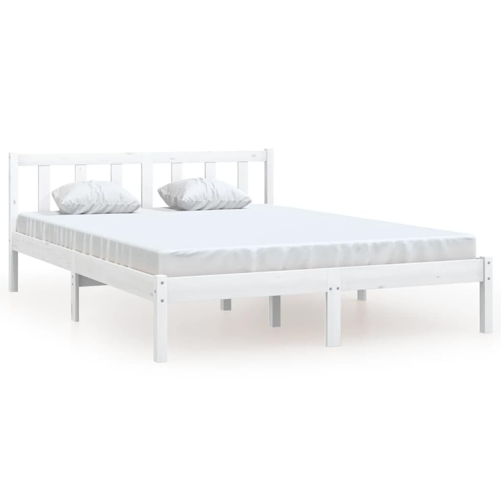 Vidaxl Double Bed Frame - Robust Solid Pine Wood Structure - 135X190 Cm Size - Modern Style Bedroom Furniture - White