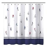 Sunlit Design Nautical Theme Fabric Shower Curtain, Navy Blue and Sailboats Color Block Stripes Shower Curtains Bathroom Decor Tapestry for Boys Children