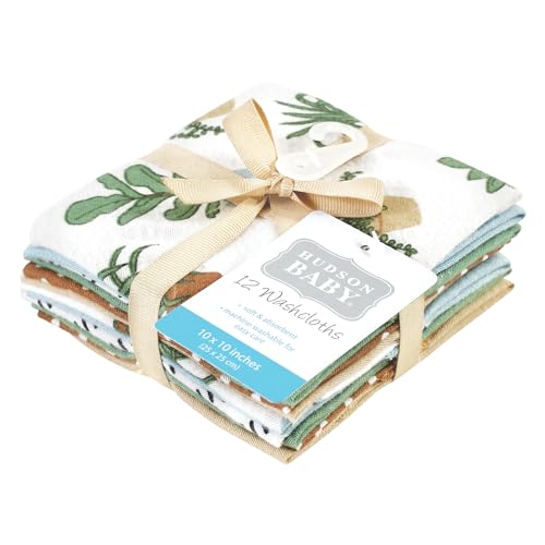 Image of Hudson Baby Unisex Baby Flannel Cotton Poly Washcloths, Plants 12 Pack, One Size