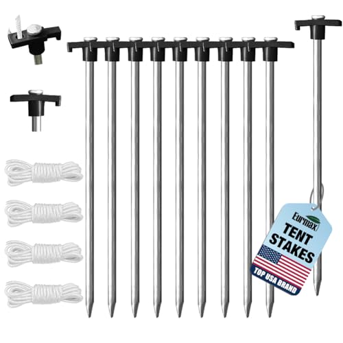 Image of Eurmax USA 10-Pack Secure Protection Galvanized Tent Stakes,Rust-Proof Steel Canopy Anchors for High Winds,Heavy Duty Commercial Ground Pegs for Camping,Pop Up Tents&Gazebos - Includes 4x10ft Ropes