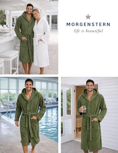 Morgenstern Bademantel Herren Kapuze Frottee 100% Baumwolle OEKO-TEX® Lang Cadiz Oliv-Grün M