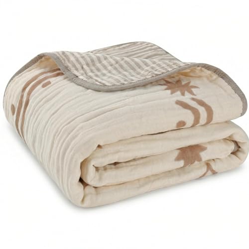 HardNok Ultra Soft Muslin Baby Blanket - Made with Organic Cotton, Reversible Rainbow Print & Coffee Striped Jacquard, Swaddle & Crib Quilt, 43x43 Inches (Rainbow Border)
