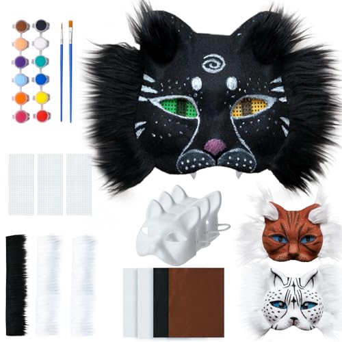 Therian Mask Kit – 3 Cat Masks Base, 4 Colored Felts, 3 Eye Mesh Pieces & 12 Paints, DIY Animal Cat Fox Mask Craft Kit, Furry Masks for Painting, Fun Halloween Party Favor