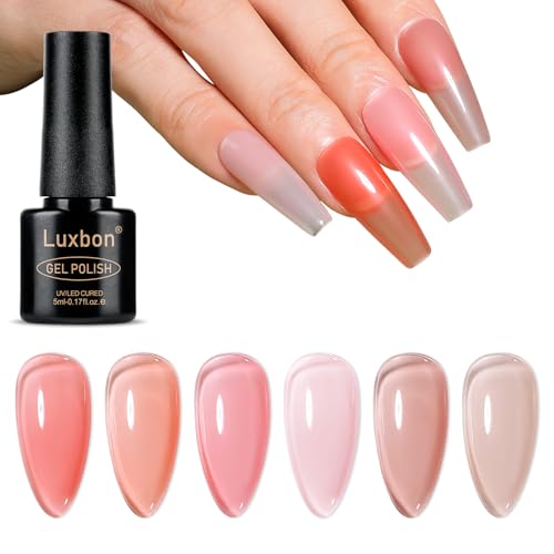 Luxbon 6 piezas Jelly Gel Esmaltes de Uñas Semipermanentes Set - Fall Colour Set Esmalte en gel de otoño de larga duración, uv led Soak Off Nail Art Designs Kit de manicura 025