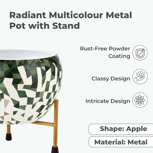 Image of Natural Earth Metal Flower Vase Planter Pot with Iron Stand | Decorative Plant Cachepot for Indoor & Outdoor Use | Succulent Pot for Home & Garden Decor (Apple Green)
