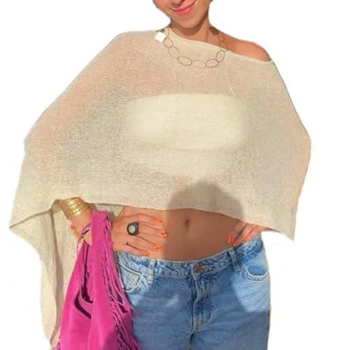 Women Sheer Poncho Top See Through Knit Shrug Mesh Blouse Off The Shoulder Pullover Summer Beach Cover Up Tops