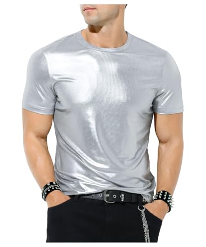 Casey Kevin Herren Metallic Glänzend Shirt Solides Goldenes Silber Hemd Glitzer Nachtclub T-Shirts 70er 80er Disco Bronzing Party Kostüm, M