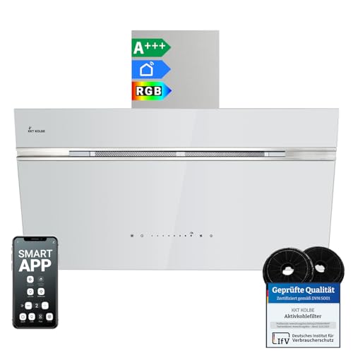 KKT KOLBE A+++ Campana extractora de 90 cm, 782 cbm/h, recirculación, sin cabeza, campana de pared | cristal blanco plateado | automático | aplicación WiFi inteligente | SensorTouch | iluminación LED