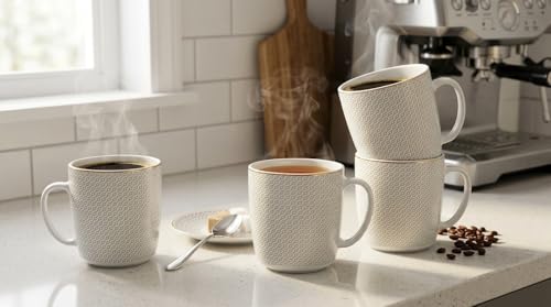 Waterside 4pk Diamond Design Porcelain Mugs with Gold Band; 4 Mugs