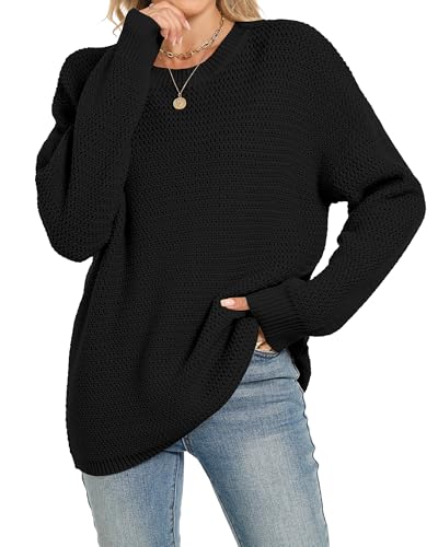 OULESIS Womens 2025 Fall Sweaters Long Sleeve Chunky Knit Pullover Sweater Casual Crew Neck Oversized Sweaters Black