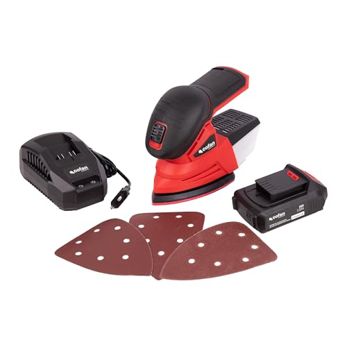 Cofan Lijadora Mouse a batería 20 V | Base de 10 x 14 cm | 11.000 rpm | Sistema de fijación por velcro | Incluye batería 2.0 Ah + cargador 2,4 A, caja de polvo + 3 hojas de lija
