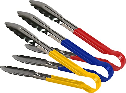 3pc Catergold Professional 9 (23cm) Stainless Steel Food Tongs Set (Red Blue Yellow)