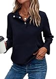 KIRUNDO Womens Sweatshirt Casual Textured Long Sleeve Henley Button V Neck Loose Pullover 2025 Trendy Fall Outfits Tops(Navy, Medium)