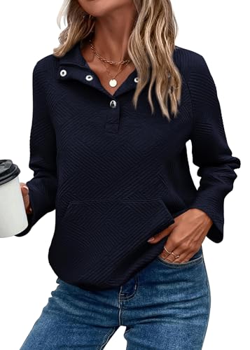 KIRUNDO Womens Sweatshirt Casual Textured Long Sleeve Henley Button V Neck Loose Pullover 2025 Trendy Fall Outfits Tops(Navy, Medium)