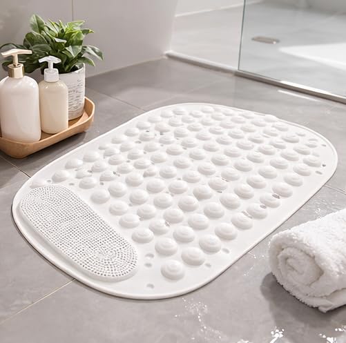 Image of Homecloud Anti Skid Mat for Bathroom Floor Shower mats for Bathroom Anti Slip with Foot Scrubber Bath mat Anti Slip with Suction Cups & Drain Holes (69x35 Cm) (White) (Oval White)