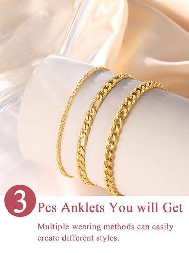 Image of FOCALOOK Anklet Bracelets Set for Women, 14K Gold Plated Waterproof Cuban Link Chain Layered Anklets Set for Plus Size Ankle 8-10.5 Inch Adjustable Summer Beach Jewelry Gift