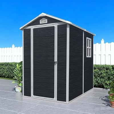 4 x 6FT Plastic Outdoor Storage Shed with Floor, Resin Shed with Window and Lockable Door, Waterproof Tool Storage for Garden, Backyard, Patio, Tool Storage, Black