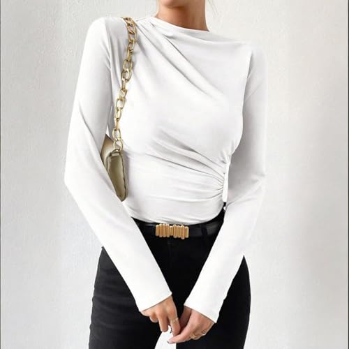 Kxydlww Langarm-T-Shirt für Damen mit Ausschnitt, Langarm-T-Shirt mit Rundhalsausschnitt mit klassischer Passform, sexy T-Shirt Y2K Langarmshirt Crop Top Elegante Slim Fit Tops, Weiß, Small