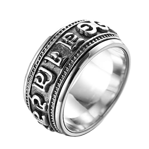 HIJONES Anillo Giratorio de Oración de Mantra Tibetano Budista de Acero Inoxidable para Hombre, Plata Tamaño 14