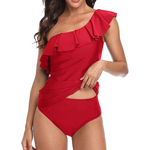 Genérico BañAdores Mastectomia Banho Mulher 2023 Traje de baño Dividido para Mujer con Volantes un Hombro sólido Tankini Conjunto de Dos Piezas BañAdores Mastectomia Banho Mulher (e-Red, M)