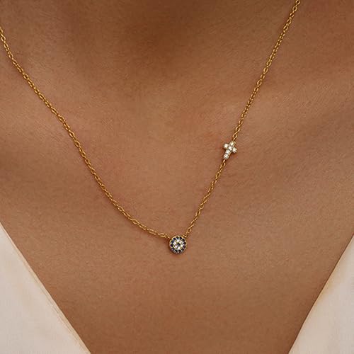 SUYACS Gold Evil Eye Necklaces for Women 925 Sterling Silver Small Cross Pendant Necklace Blue Cubic Zirconia Eye Charm Chain Christian Baptism Religious Faith Jewelry Christmas Gifts for Mom2
