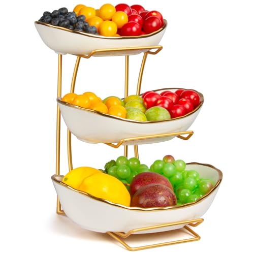 Fruit Bowl for Kitchen Counter, 3 Tier Fruit Basket for Counter, Ceramic Holder, Tiered Stand with Metal Stand, Detachable Rack for Fruit Vegetable Snack Dessert Storage (White)