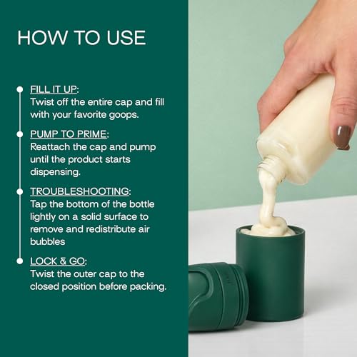 Image of RIES Essential Refillable Toiletry Travel Bottles Airless Pump Set | TSA Approved, Leak Proof Airless Pump, BPA Free Recycled Plastic, 5 Piece Escapade Green Color Set, Dishwasher Safe