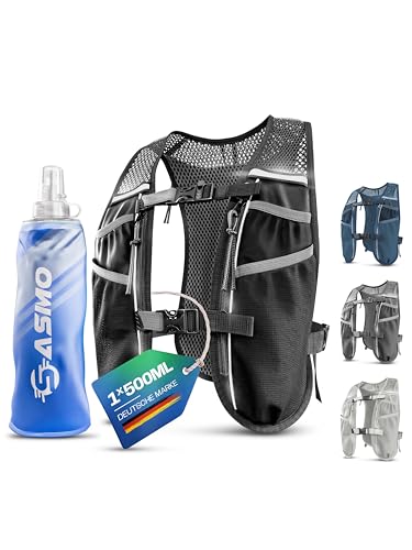 SASMO® Laufweste Damen & Herren 5L | Running Vest - Ultraleicht 270g & atmungsaktiv| Laufrucksack Damen - 8 Taschen | Laufweste Herren | Trinkweste Laufen (schwarz - mit 1x500ml, 5L)