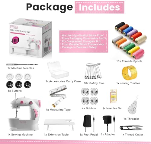 Image of Advance Electric Sewing Machine with Table Set I Mini Silai Machine for Home Tailoring I Stitching Machine with Foot Pedal, Adapter, Focus Light Girls Night Out) (SM+ET+KIT(Pink))