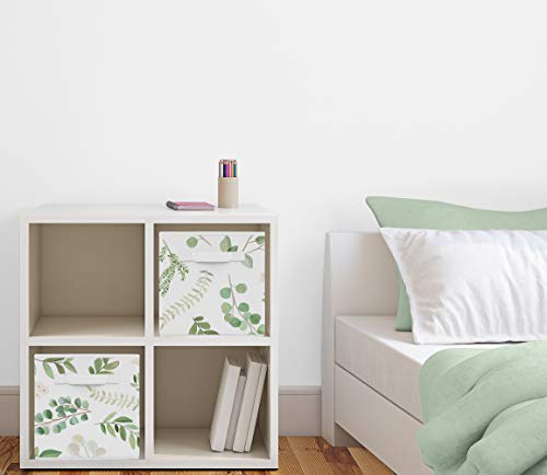 Image of Sweet Jojo Designs Floral Leaf Foldable Fabric Storage Cube Bins Boxes Organizer Toys Kids Baby Childrens - Set of 2 - Green and White Boho Watercolor Botanical Woodland Tropical Garden