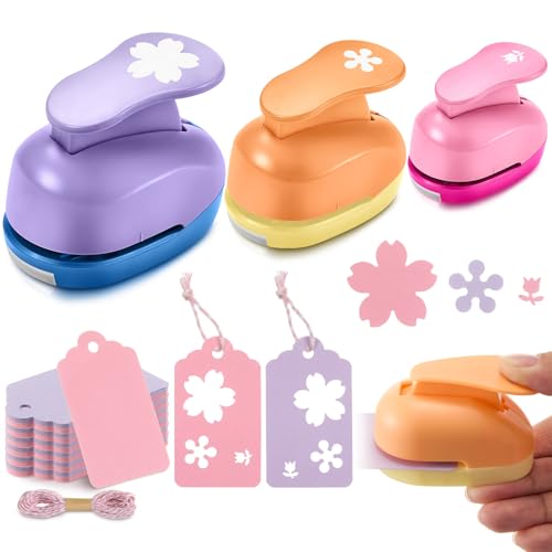 Fullhawl 53 Pcs Flower Hole Punch Include 3/8 5/8 1 Inch 3 Size Flower Punch 50 Kraft Gift Tags with 10 Meter String for Paper DIY Projects Gifts Greeting Cards DIY Albums Photos Office Supplies
