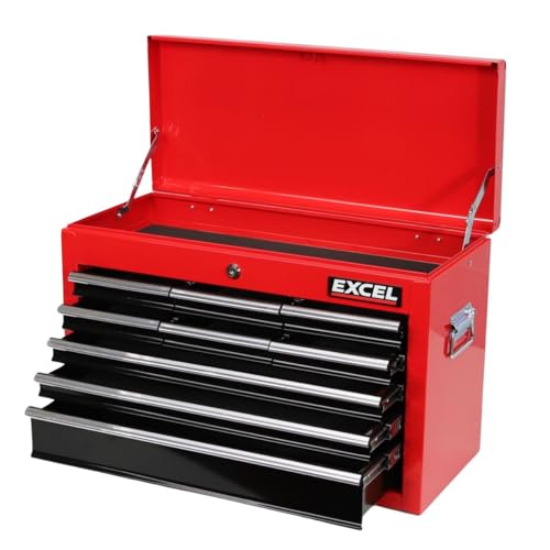 Excel Tool Chest Cabinet with 9 Drawers, Lock and Non-Slip Mats, Made with Powder Coated Steel & Rust-resistant, Ball Bearing Slides and 4 Wheels with Brakes, Durable Rolling Storage for Workshops