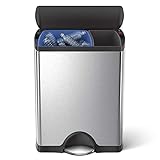 simplehuman 46 Liter / 12.2 Gallon Stainless Steel Rectangular Kitchen Dual Compartment Step Trash Can Recycler, Brushed Stainless Steel With Plastic Lid