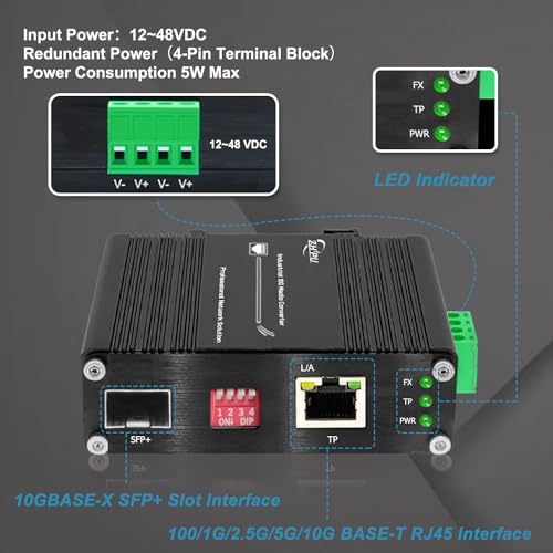Image of Mini 10G SFP+ Media Converter, Unmanaged 10G /5G /2.5G /1G /100M Copper to 10G Base-X SFP+ Media Converter Fiber Transceiver, DC 12~48V, (-40F to 167F)