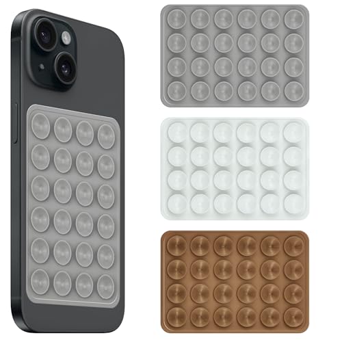 Image of amazon basics Suction Phone Case Anti-Slip Silicone Hands-Free Sticky Pads for Phone Case Mount for Selfies Videos Mirror Shower Car Dashboard - Gray,White,Brown (Pack of 3)